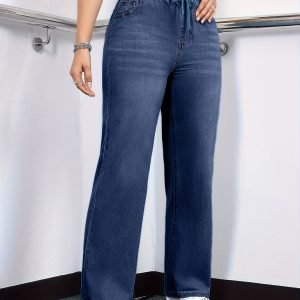 Plus Size Women's Drawstring Waist Straight Leg Jeans | High Waist Stretchy Washed Denim | Casual Trendy Comfy Jeans for Daily Wear | Flattering Fit