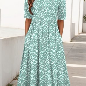 Boho Dalmatian Print Loose Midi Dress with Pockets