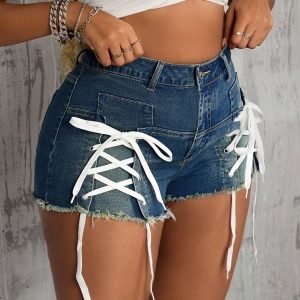 Plus Size Women's Stretch Denim Shorts - Sexy Skinny Super Short Jeans with Crisscross Drawstring Waist, High-Stretch Denim & Mid-Thigh Length for Summer Outfits, Casual Wear, Stylish Summer Apparel, Highstretch Fabric