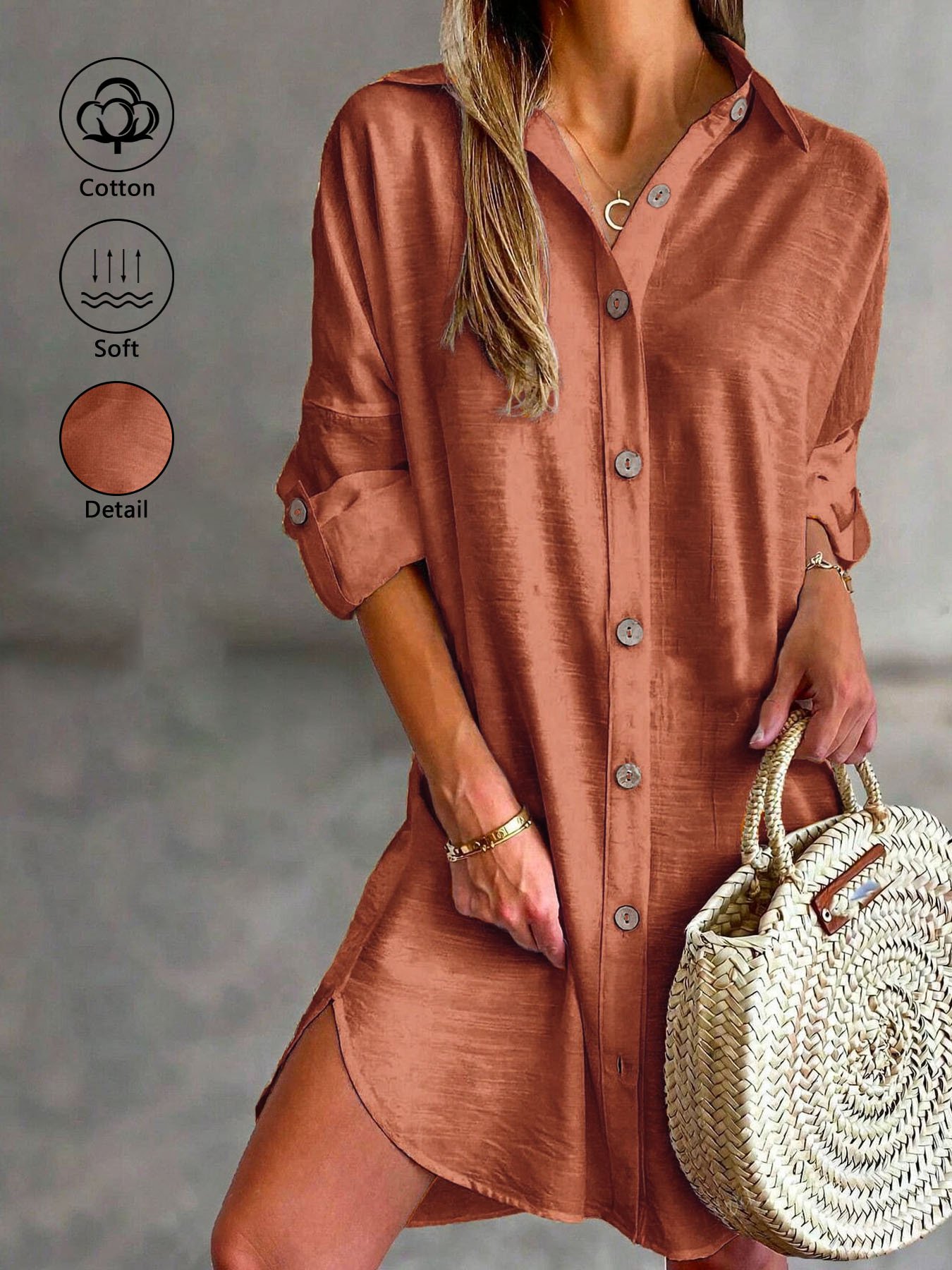 Women's Soft Collar Button-Up Shirt Dress Detail View