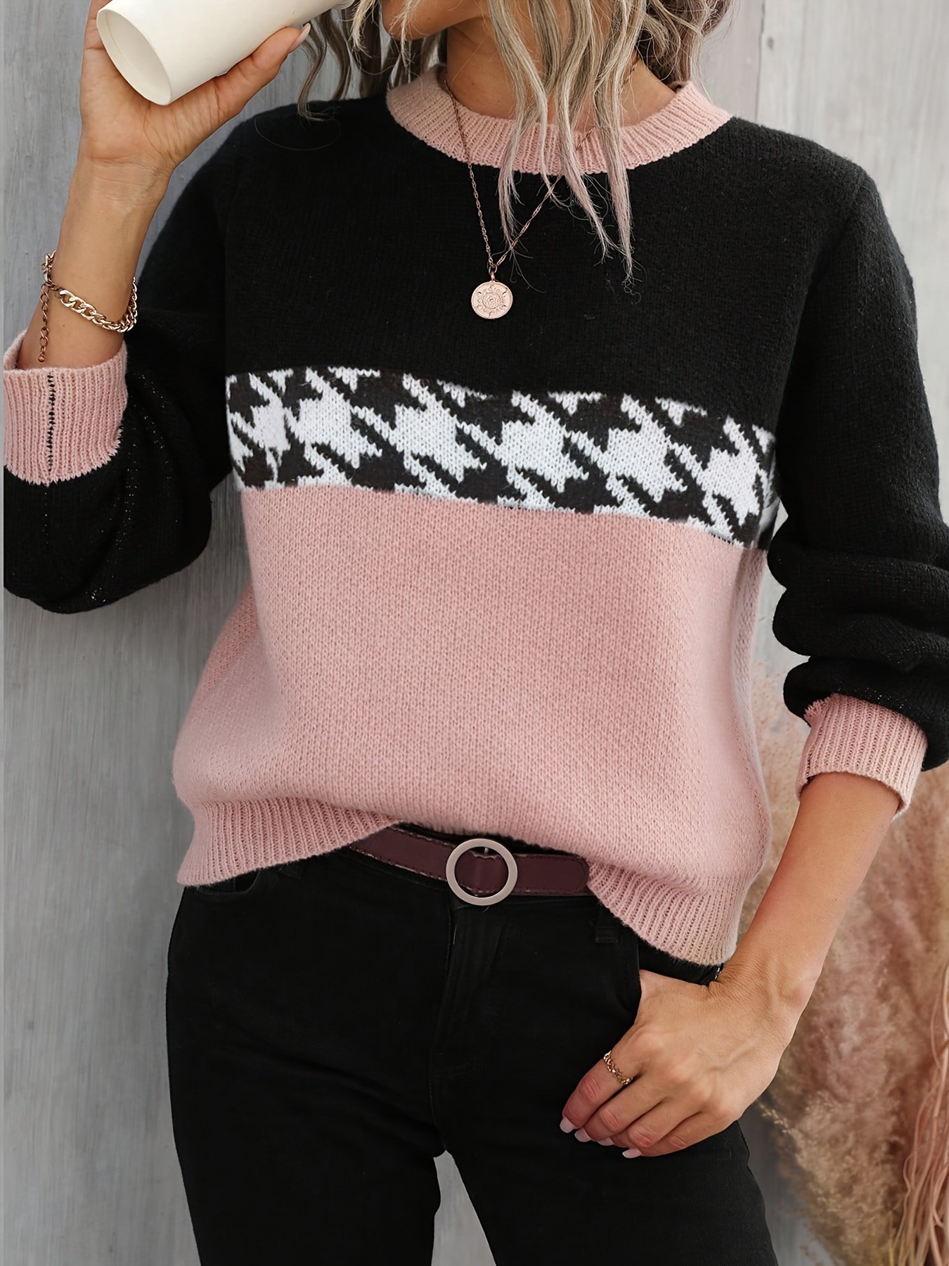 Color-Block Stretchy Crewneck Sweater