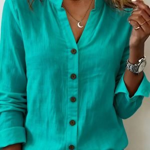 Spring/Summer Solid Color Stand Collar Blouse - Casual Loose Button-Up Shirt