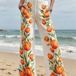 Plus Size, Women's Plus Size High-Waist Wide Leg Chino Pants - Wide Trousers Suitable for Casual & -Casual Wear, Beltless Tapered Trousers with Machine Washable, Elegant Loose Fit for Office, Everyday Outfits (No Required), 2D Flat