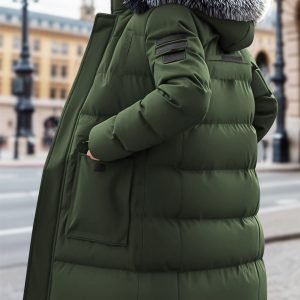 Men's Hooded Padded Mid-Length Coat with Large Pockets - Warm Winter Jacket