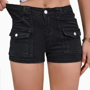 Elastic Multi-Pocket Denim Shorts with a High-Waisted Design for Women, Perfect for Casual Summer Wear