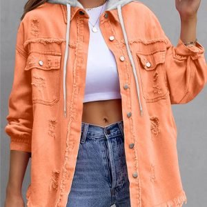 Jean Jacket Women Trendy RIPPED Denim Button Shirt Oversized Lightweight Jeans Shacket with Detachable Hoodie