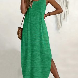 [Crew Neck Dress] 2026 Women's Fashion Plus Size Sleeveless Crew Neck Maxi Dress | 2-Way Wear Slit Dress for Vacation & Commute