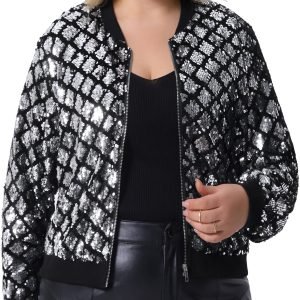 Plus Size, Plus Size Sequin Bomber Jacket for Women Zipper Long Sleeve Party Sparkle Metallic Jackets