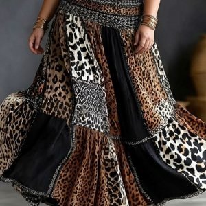 Plus Size Leopard Print High-Waisted Maxi Skirt - Boho Style