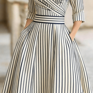 French Vintage Vertical Stripe Midi Dress