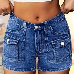 Women's High-Waisted Stretch Denim Cargo Shorts - Slim Fit & Functional