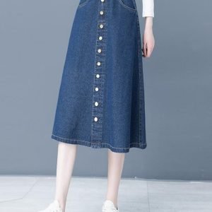 Women's Denim A-Line Midi Skirt - Elastic Waist & Loose Fit