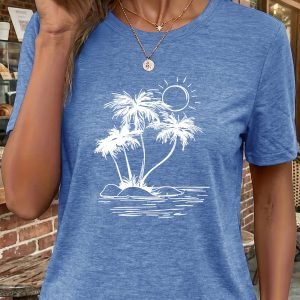 Women's Tropical Palm Tree T-Shirt - Trendy Summer Short-Sleeve Top