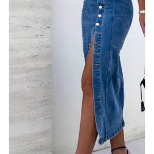 Asymmetric Button-Front Denim Midi Skirt - Chic Summer Style