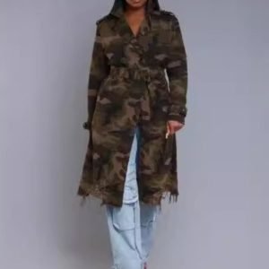 HERTALKWomen's Ins Hot Fashion Casual Camouflage Mid-length Belted Jacket Windbreaker