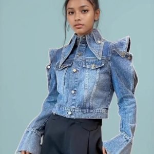 LUCKFOX Women'S Avant-Garde Cropped Denim Jacket, Sexy Exaggerated Shoulder Puff Sleeve Jean Coat, Chic Ruffle Trim Acid Wash Streetwear Outwear, Unique Layered Collar Fashion Jacket For Ladies