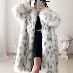 Women's Faux Fur Coat Black And White Leopard Print with Fashionable Long Collar Fox Fur Jacket