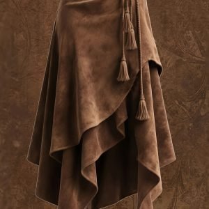 Vintage Irregular Midi Skirt - Waist Tie & Tassel Detail