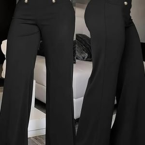 Women's Elegant Solid Color Trousers - High-Waist Wide-Leg Straight Pants with Button Closure - Stretch (95% /5% Elastane) - Machine Washable for Dressy Casual & Year-Round Wear
