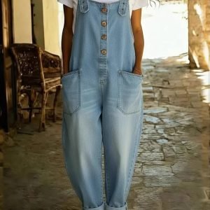 Women' Denim Overalls Romper - Wide Leg Harem Jumpsuit with Wood Button Front Closure, Baggy Cargo Pants, Retro Bohemian Suit for Spring Summer Fall, Machine Washable Loose Fit 1pc Outfits (No Transparency)