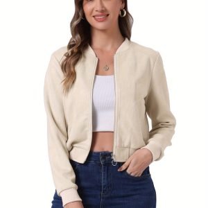 Faux Suede Cropped Coat for Women'S Stand Collar Zip Up Biker Moto Bomber Jackets