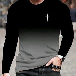 Men'S Casual Long Sleeve T-Shirt Featuring a 3D Gradient Color Cross Print, Available in Black to Turquoise, Black to Orange, And Black to Grey. This Soft Top Is Perfect for Everyday Wear, Formal Occasions