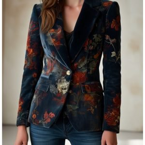 Navy Velvet Floral Printed Blazer for Women | Gorgeous Style, Suitable for Party Dates, Art Events and Luxurious Outfit Occasions