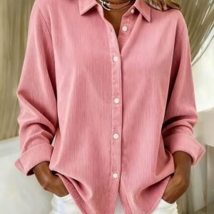 Furlong Lach Brand Women's Corduroy Casual Shirt, Soft Stretch Winter Layered Shirt, Solid Color Button Front Collar Design, Versatile Inner and Outer Wear Top, Suitable for Daily and Semi-Formal Occasions
