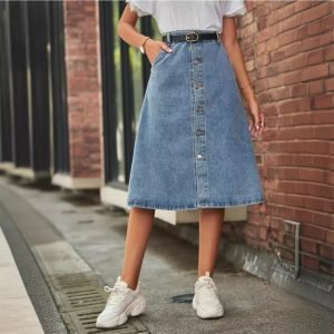 Slim-Fit Single-Breasted Denim Midi Skirt - Chic Office Style