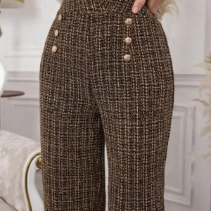 Versatile Little Style Double-Breasted Tweed High-Waisted Wide-Leg Pants Women