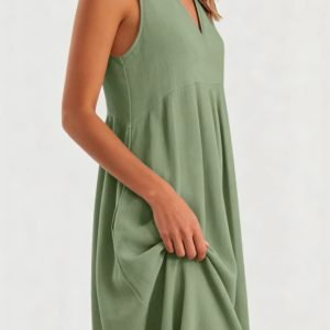 Women's V Neck Sleeveless Midi Dress - Pleated Pocket • Casual Loose Fit Dress