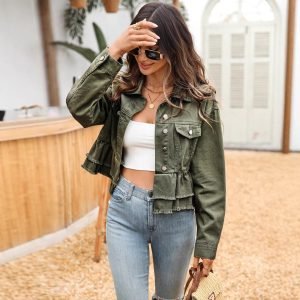 Women'S Casual Versatile Denim Jacket | Ruffled Layer, Edge, Single-Breasted, Elegant and Charming, Unconventional Green, Long Sleeve, Regular Fit, Spring/Fall Season