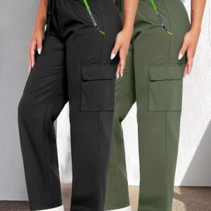Plus Size, 2pcs Women's Cargo Pants with Large Patch Pockets & Zipper Pocket Cargo - Elastic Drawstring Waist Full-Length Trousers for Outdoor Jogging,, Daily Wear - Spring/Autumn Casual Pants (Non-Stretch)