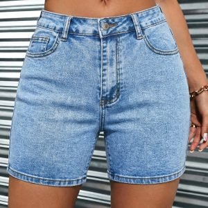 Women'S High Waisted Denim Shorts, Light Blue Washed Slim Fit Shorts, Minimal Solid Color Design, Summer Casual Versatile Hot Pants