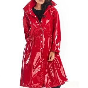 Women's Black Shiny Faux Raincoat - Hooded Long Trench Coat with Drawstring Waist & Pockets, Glossy Wet Look Suitable for Party, Festival, Rave, Costume, Clubbing, Daily Wear, Machine Washable Wet Look Outerwear