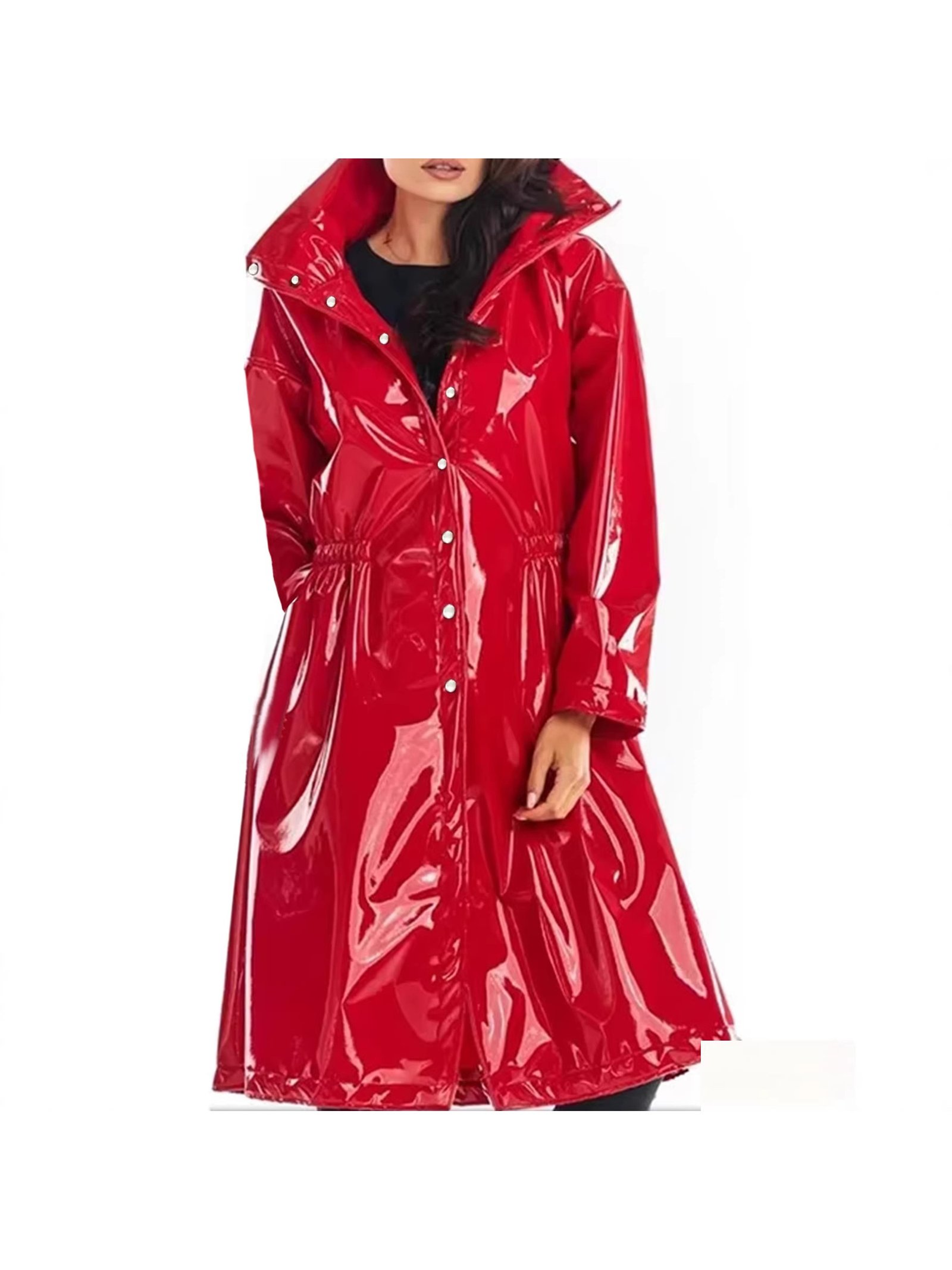 Women's Black Shiny Faux Raincoat Front View