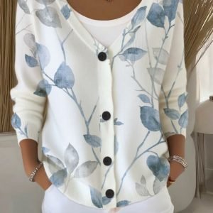 Women's Ink Flower Pattern Cardigan - Casual V-Neck Button Up