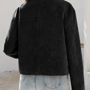 Women's Vintage Faux Jacket- Casual Cropped Bomber with Button Front, Flap Pockets, and Long Sleeves, Beige, Perfect for Casual Attire, Casual Wear Jacket| Vintage Jacket| Suedelike Texture