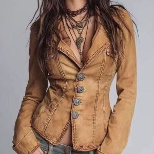 HERTALK Women'S Retro Lapel Long-Sleeved Top Button Lapel Vintage Little Western Coat Jacket