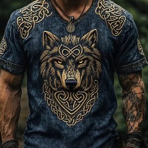 Men'S Casual Short Sleeve Totem T-Shirt - Viking Style Wolf Head, Vintage Distressed Design, Breathable Fabric Suitable for Multiple Seasons, Trendy Cultural Outfit, Modern Men'S Wear, Eye-Catching, Preferred for Holiday Gifts, Plus Size