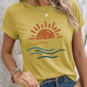 Women's Sun and Wave Casual T-Shirt - Minimalist Summer Graphic Tee