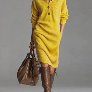 Plus Size Casual Straight-Cut Midi Dress with Button Collar