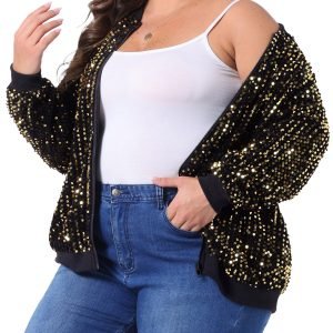 Plus Size, Women' Plus Size Sparkling Sequin Bomber Jacket - Front Zip Blazer with Pockets, Stand Collar Suitable for Parties Weddings Casual Attire, Spring/Autumn Outerwear (Hand Washable, Non-)