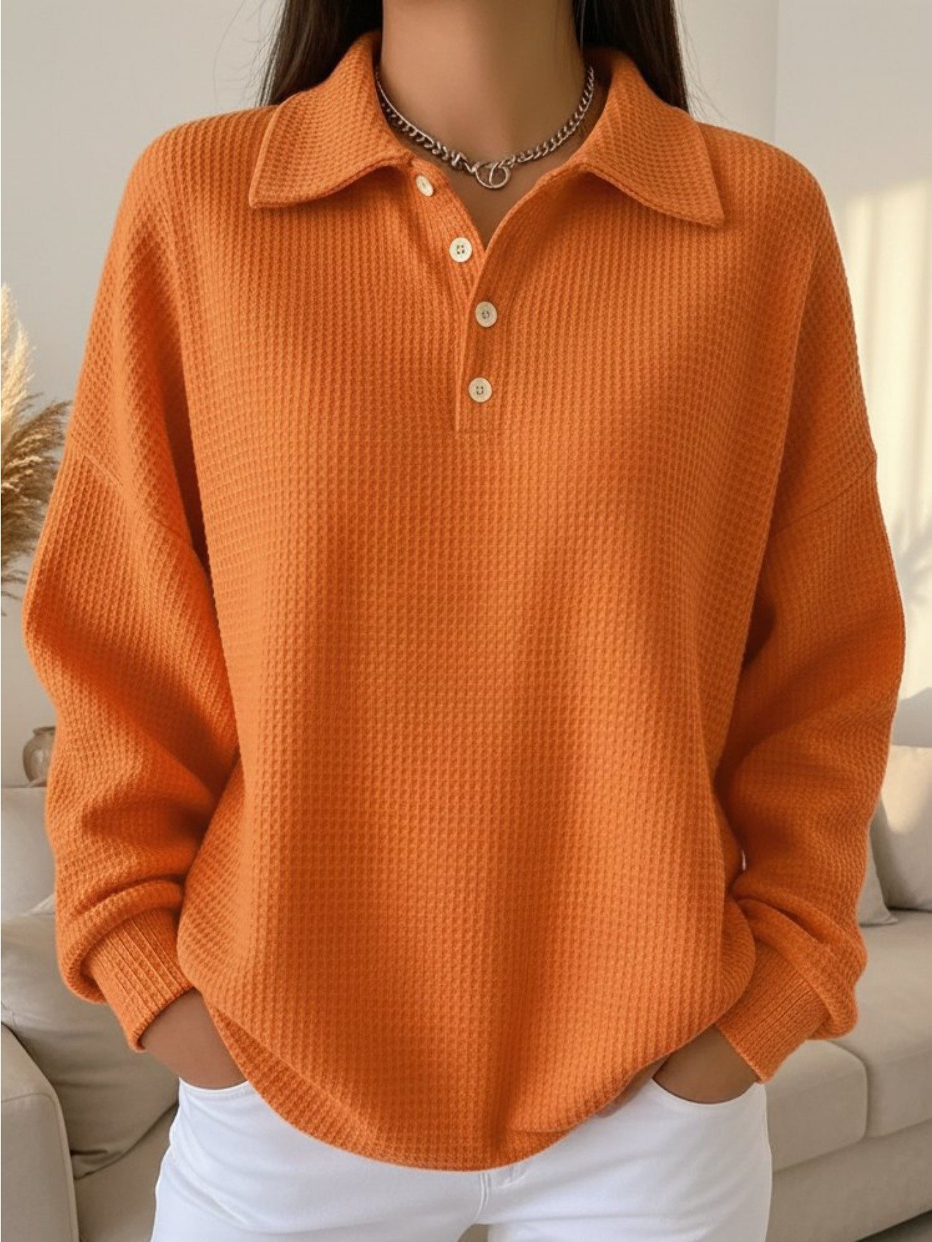 Women's Relaxed Fit Waffle Polo Shirt