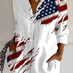 Plus Size American Flag Print Long Sleeve Shirt - Patriotic Button-Top Blouse