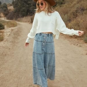 Light Blue Button-Front Denim Midi Skirt - Summer Casual Style