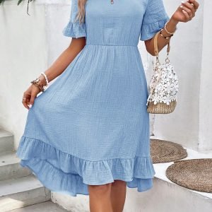 Ruffle Short Sleeve A-Line Midi Dress - Casual & Elegant Style