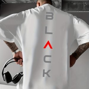 Men's Minimalist Black & Red colorblock T-Shirt with "BLACK" print - Oversized Streetwear Tee, Round Neck Loose Fit Casual Summer Shirt, Lettering for Casual Attire (Year-Round)
