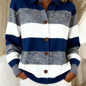 [2D FLAT PATTERN] Women's Blue and White Striped Printed Button- Collar Casual Cardigan/Outerwear for Spring and Autumn, 2D Flat