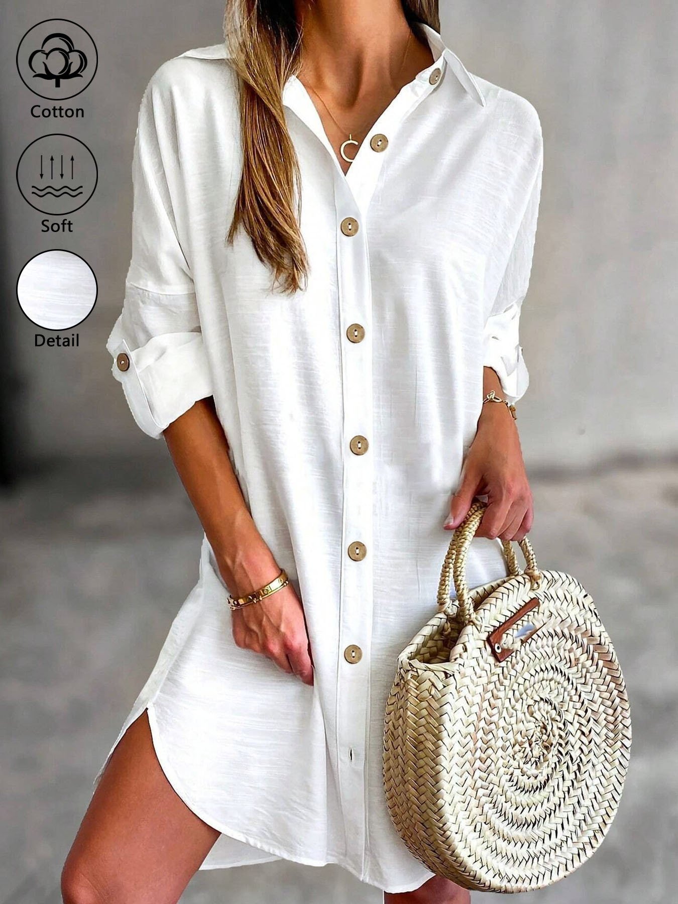 Women's Soft Collar Button-Up Shirt Dress Front View